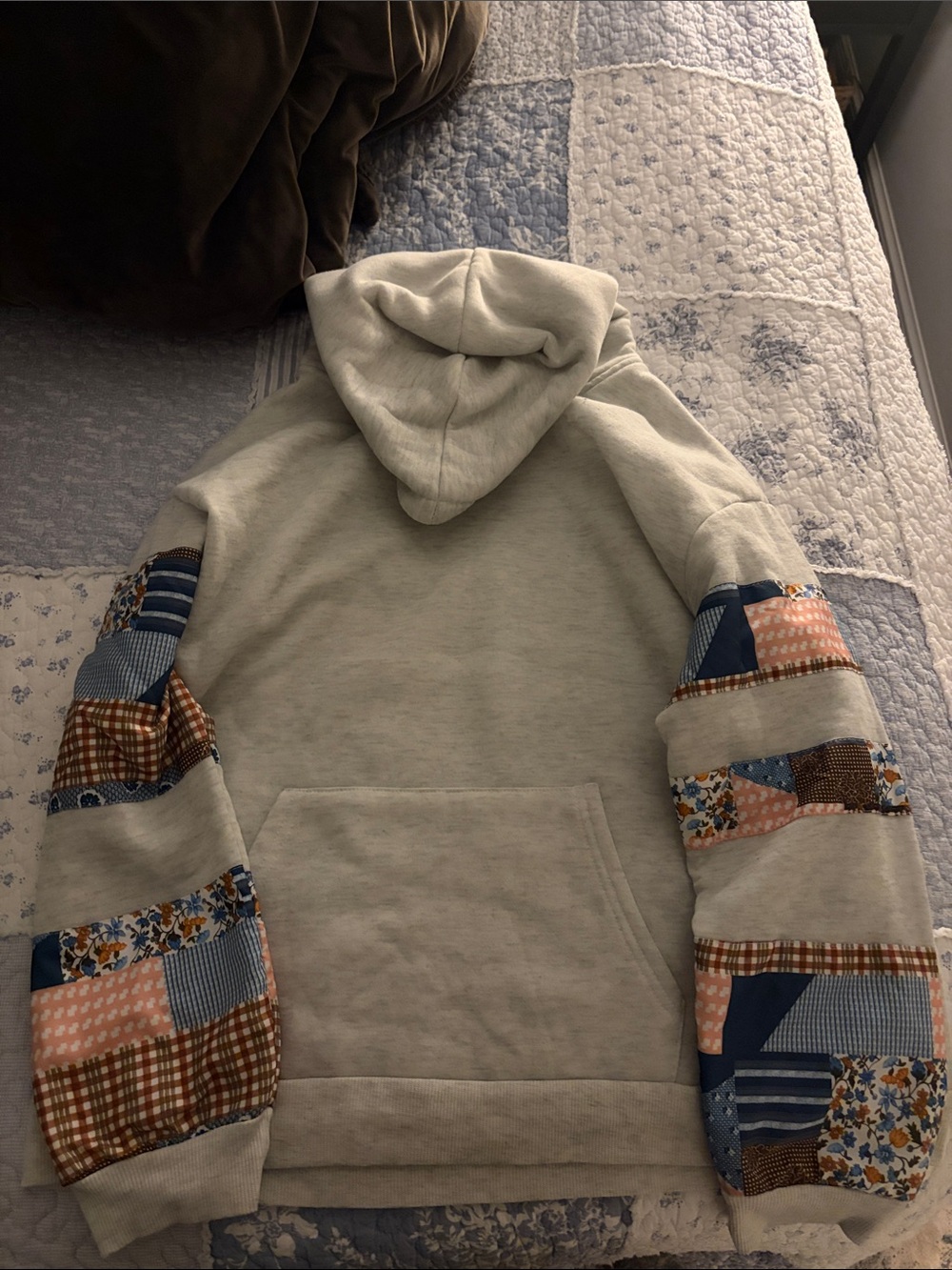 WomensCream Hoodie with Patchwork Sleeves